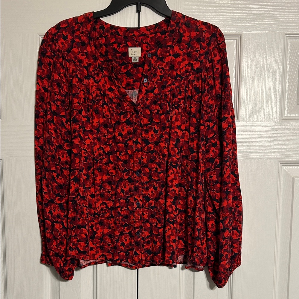 a new day Red and Black Patterned Blouse
